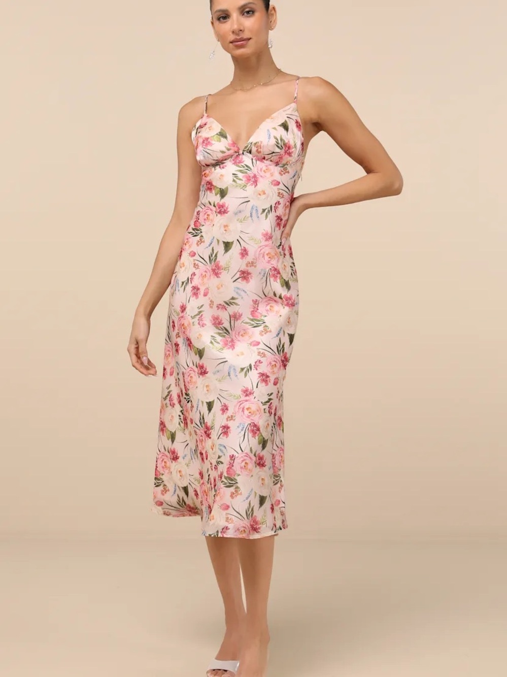 Alaia Blush Multi Floral Satin Backless Midi Dress